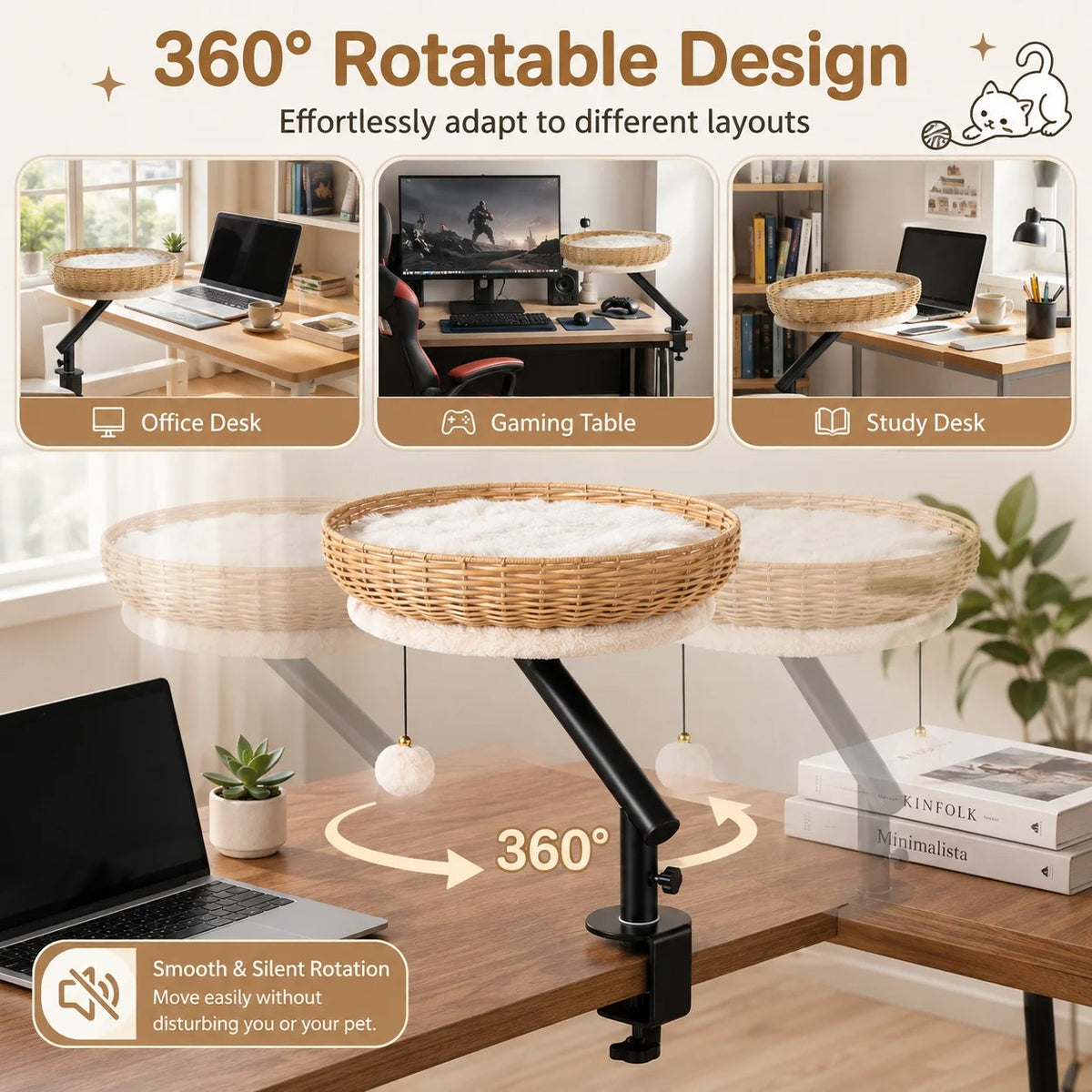 Rotating Clamp Cat Desk Perch – 360-Degree Swivel Elevated Table Hammock with Hanging Dangle Toy for Indoor Cats