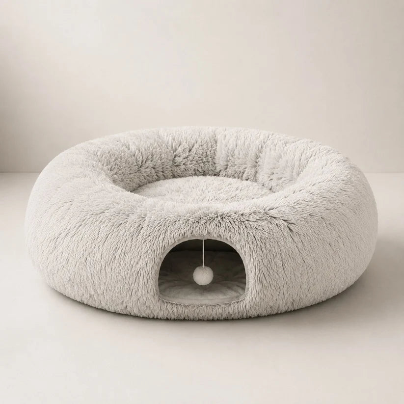 Cozy Tunnel Cat Bed – Donut Cave Hideaway with Hanging Interactive Toy for Indoor Sleeping and Playing