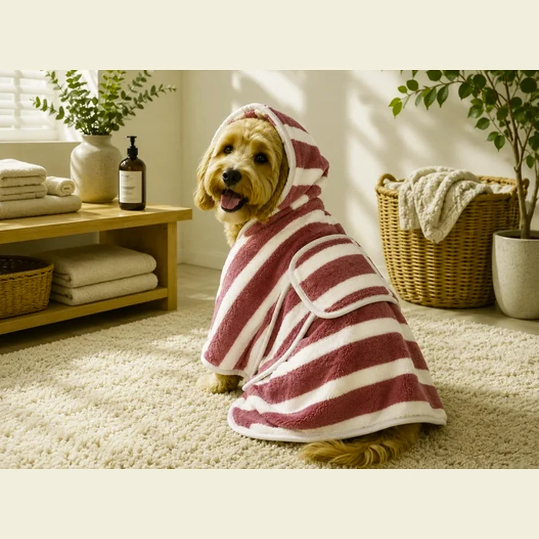 Striped Fast-Drying Dog Bathrobe – High-Neck Pet Drying Coat for Post-Bath Grooming