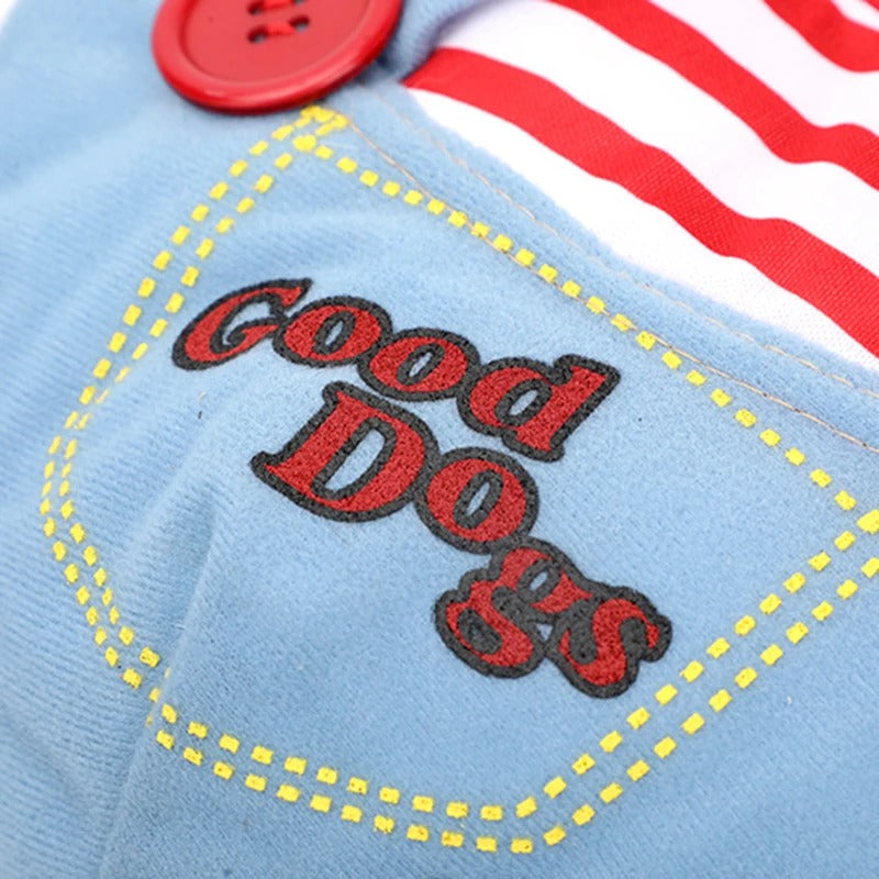 Spooky Cosplay Pet Halloween Costume – Striped Overalls Jumpsuit with Toy Knife for Holiday Dress-Up