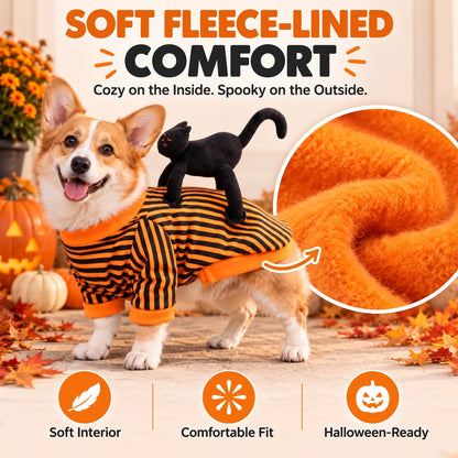 Cat Rider Halloween Dog Costume – Striped Orange-and-Black Pullover Outfit for Trick-or-Treating and Pet Parties