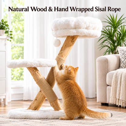 Cozy Modern Cat Tree – Elevated Perch Lounger With Scratching Post and Hanging Ball