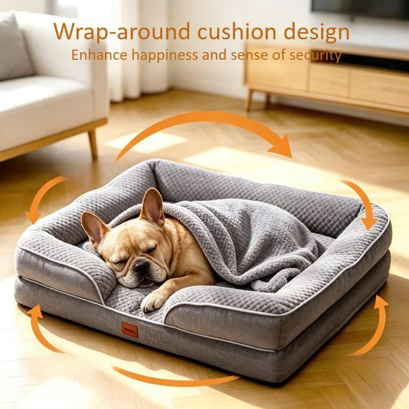 Orthopedic Bolster Pet Sofa Bed – Waterproof Non-Slip Dog Couch with Supportive Headrest Cushion