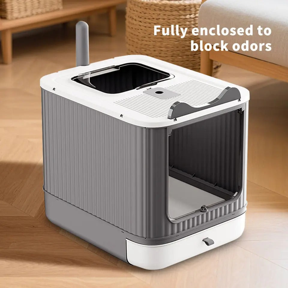 Enclosed Pull-Out Cat Litter Box – Top-Exit Door with Scoop and Anti-Tracking Lid for Indoor Kittens