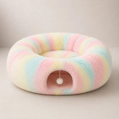 Cozy Tunnel Cat Bed – Donut Cave Hideaway with Hanging Interactive Toy for Indoor Sleeping and Playing