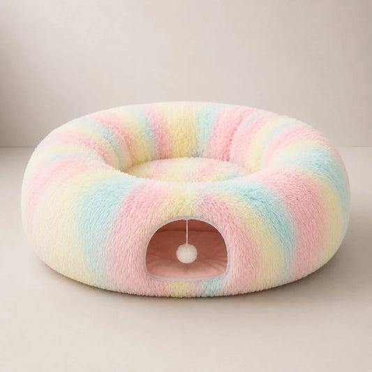 Cozy Tunnel Cat Bed – Donut Cave Hideaway with Hanging Interactive Toy for Indoor Sleeping and Playing