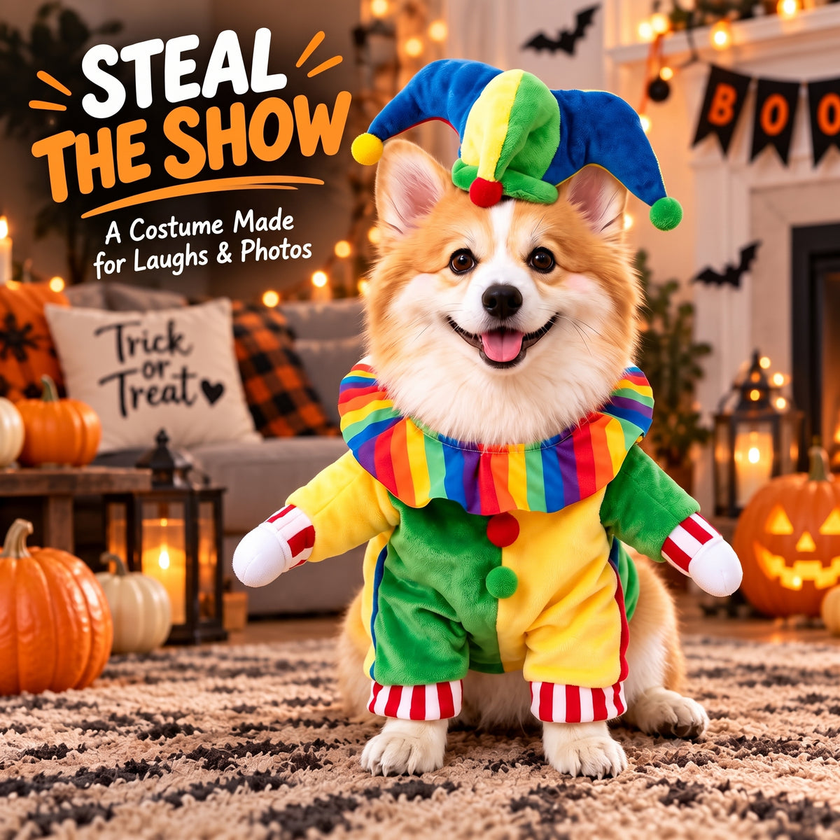 Jester Clown Dog Costume – Funny Halloween Pet Outfit with Jester Hat and Rainbow Ruffle Collar