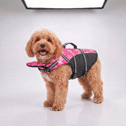 Buoyant Chin-Rest Dog Life Jacket – High-Visibility Swim Vest with Rescue Grab Handle and Reflective Safety Accents