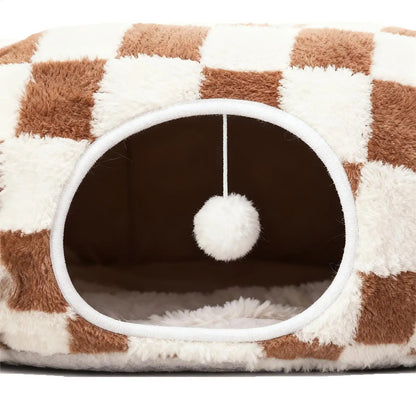 Interactive 2-in-1 Cat Tunnel Bed – Convertible Round Donut Cave with Hanging Toy Ball for Indoor Cats & Kittens