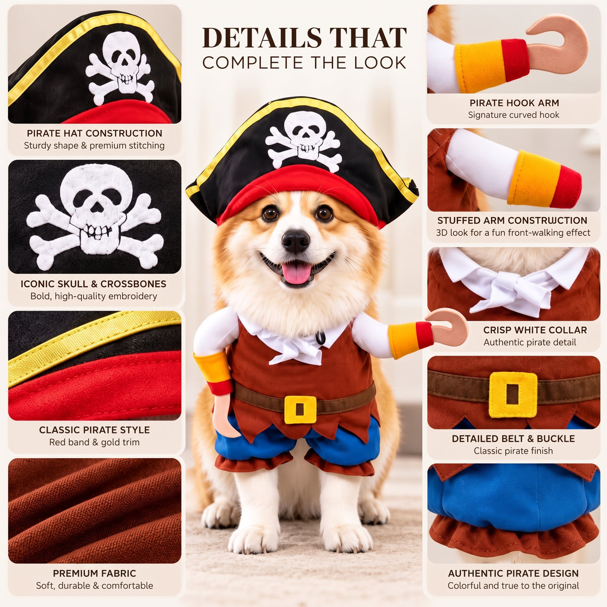 Funny Pirate Dog Costume – Halloween Party Outfit with Skull Hat and Hook Arms
