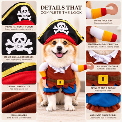 Funny Pirate Dog Costume – Halloween Party Outfit with Skull Hat and Hook Arms