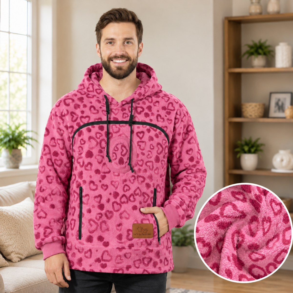 Hands-Free Cuddle Fleece Pattern Pet Carrier Hoodie – Kangaroo Pouch Sweatshirt with Cinch Head Opening and Zipper Pockets