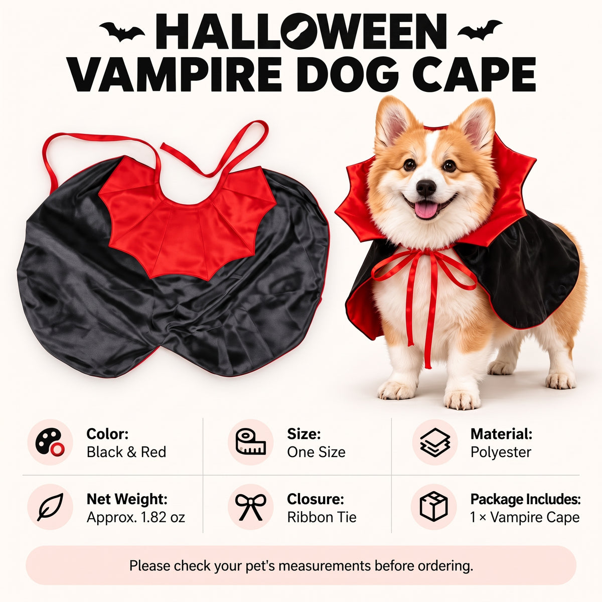 Vampire Collar Pet Cape – Halloween Dog and Cat Costume with Tie Closure