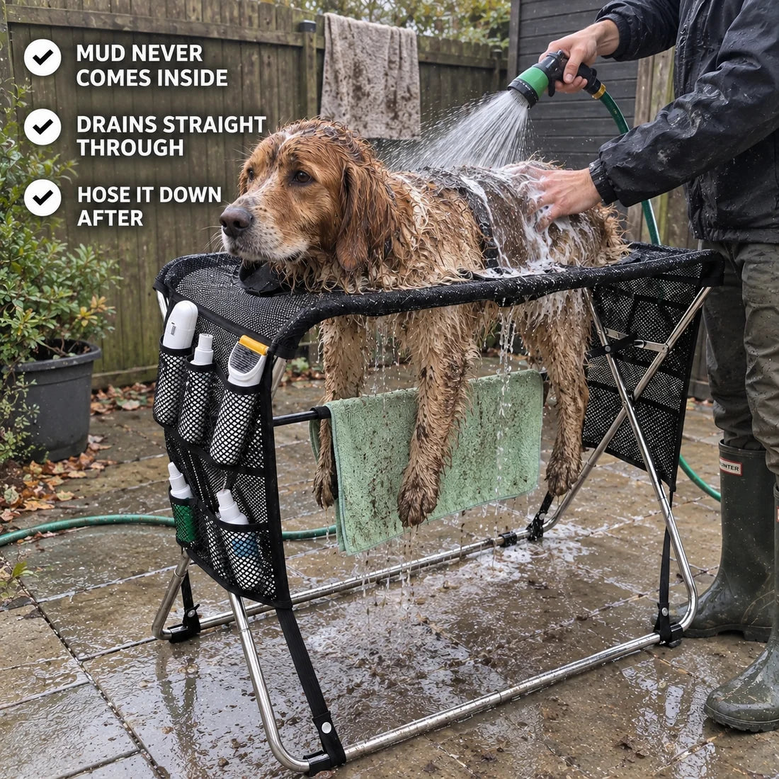 Folding Dog Grooming Hammock Stand – Restraint Station with Pockets for Pet Nail Trimming and Bathing
