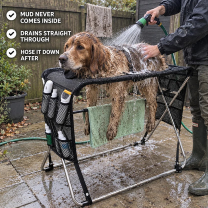 Folding Dog Grooming Hammock Stand – Restraint Station with Pockets for Pet Nail Trimming and Bathing