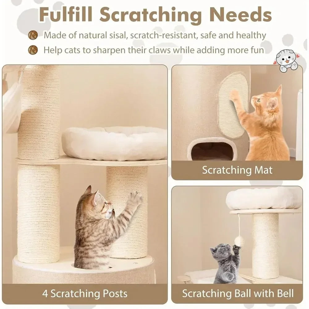 Multi-Level Tall Cat Tree – Indoor Activity Tower With Condo Hammock Scratching Posts And Dangling Play Ball