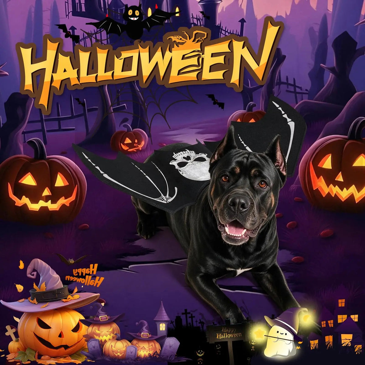 Skeleton Bat Dog Costume – Halloween Pet Wings with Pumpkin Bells for Spooky Party Dress-Up