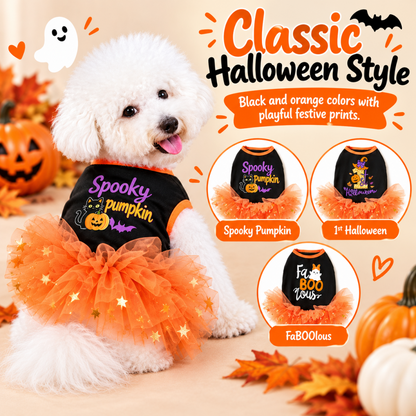 Halloween Tutu Dog Dress – Festive Pumpkin Star Print Costume Outfit for Holiday Parties