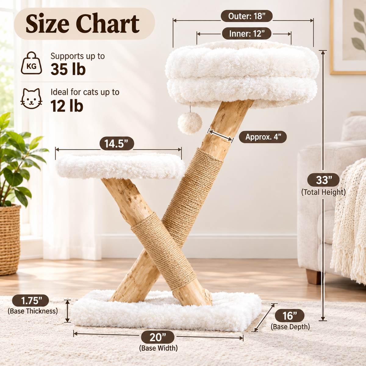 Cozy Modern Cat Tree – Elevated Perch Lounger With Scratching Post and Hanging Ball
