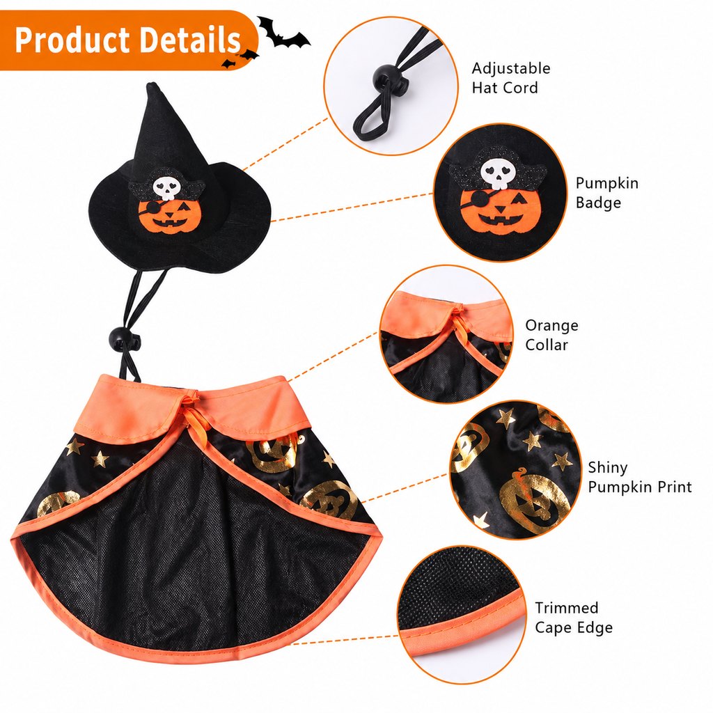 Halloween Cape Cat Costume Set – Witch Hat with Pumpkin Print for Holiday Dress-Up and Photos