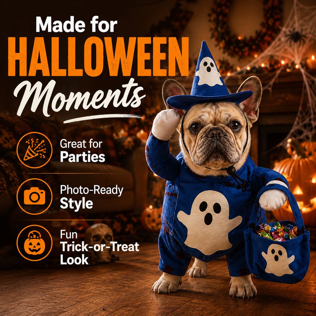 Glow Ghost Pet Costume – Luminous Trick-or-Treat Cosplay Apparel with Hat and Treat Bucket