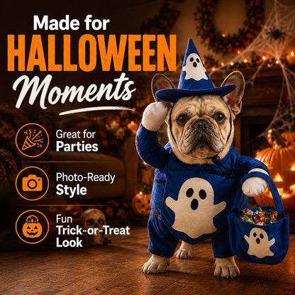 Glow Ghost Pet Costume – Luminous Trick-or-Treat Cosplay Apparel with Hat and Treat Bucket