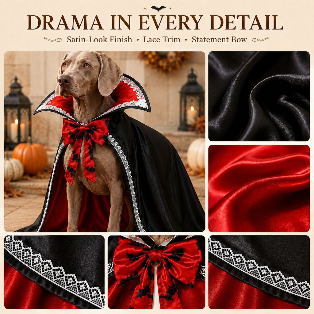 Vampire Cape Dog Halloween Costume – Dracula Cloak with Lace Trim Collar and Bat Bowknot for Parties