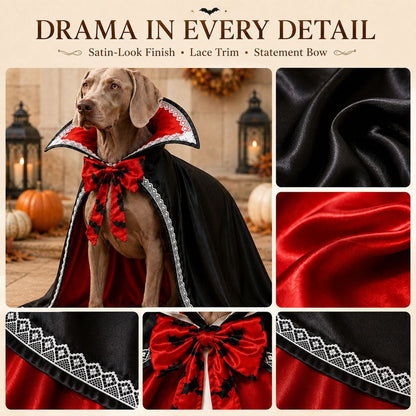 Vampire Cape Dog Halloween Costume – Dracula Cloak with Lace Trim Collar and Bat Bowknot for Parties