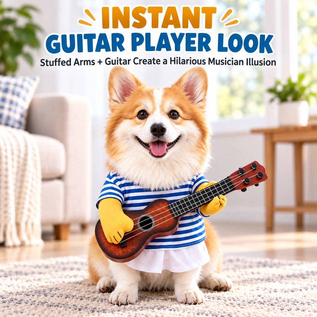 Funny Guitar Dog Costume – Standing Musician Outfit with Prop Instrument for Halloween Party Photos
