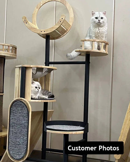 Fawlo Modern Multi-Level Cat Tree – Indoor Pet Furniture Tower with Enclosed Condo, Curved Top Perch, Dangling Toy Ball and Scratching Board