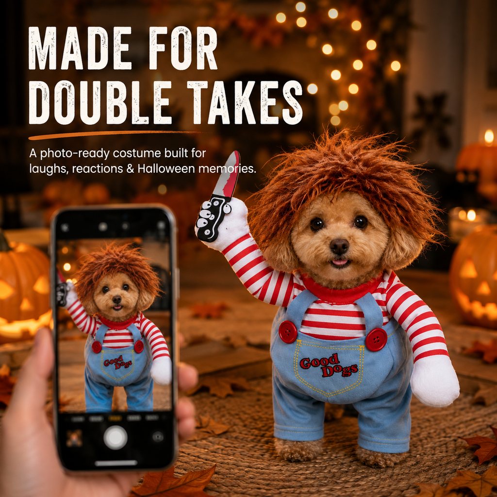Scary Doll Dog Costume – Walking Illusion Pet Outfit with Wig & Prop Toy Knife for Halloween Trick-or-Treating