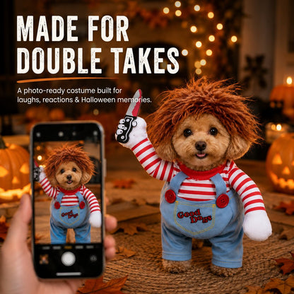 Scary Doll Dog Costume – Walking Illusion Pet Outfit with Wig & Prop Toy Knife for Halloween Trick-or-Treating