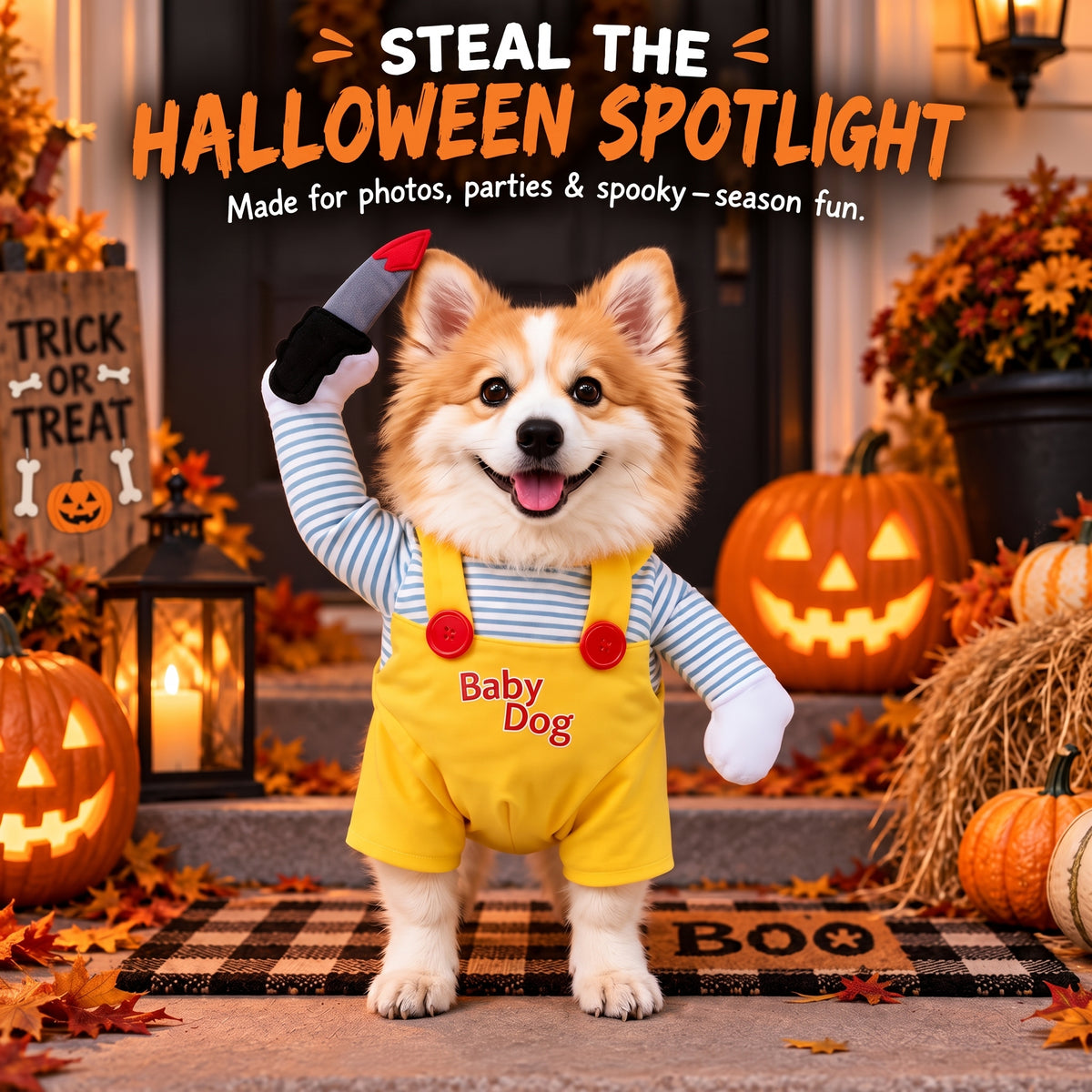 Spooky Doll Pet Halloween Costume – Funny Walking Illusion Outfit with Faux Knife for Parties and Photos