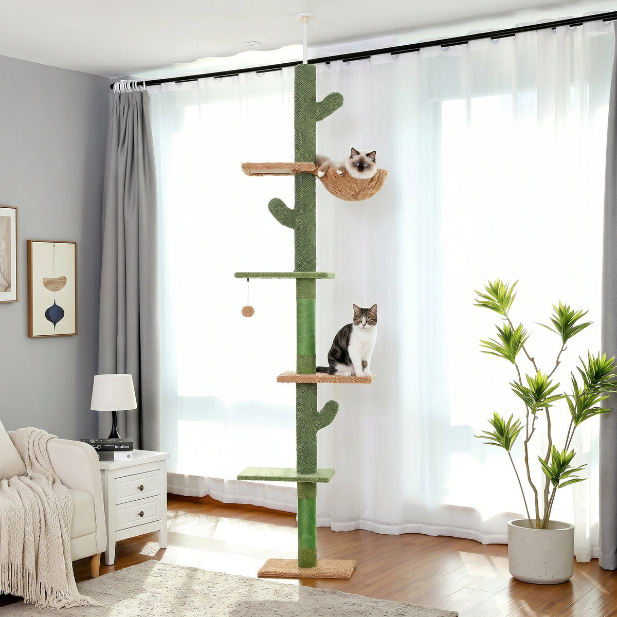 Cactus Floor-to-Ceiling Cat Tree – Tall Indoor Climbing Tower with Scratching Post Hammock and Hanging Ball