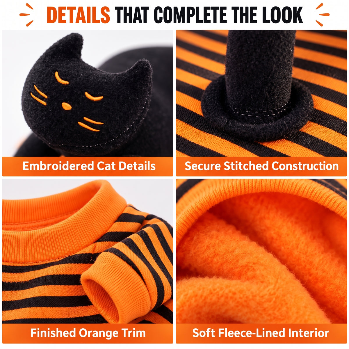 Cat Rider Halloween Dog Costume – Striped Orange-and-Black Pullover Outfit for Trick-or-Treating and Pet Parties