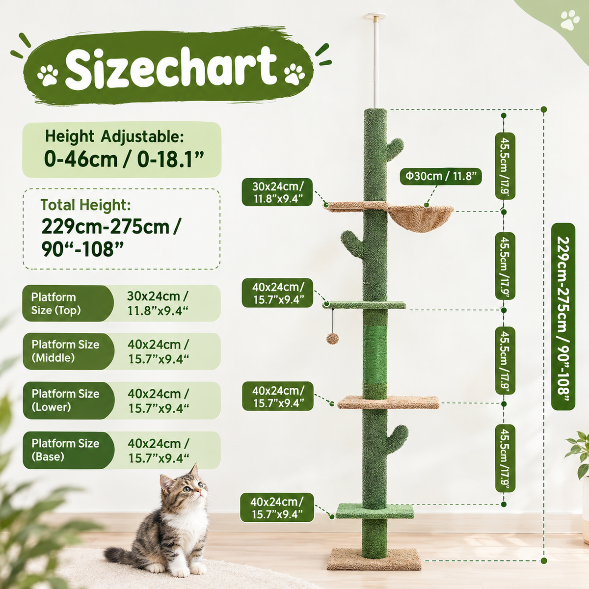 Cactus Floor-to-Ceiling Cat Tree – Tall Indoor Climbing Tower with Scratching Post Hammock and Hanging Ball