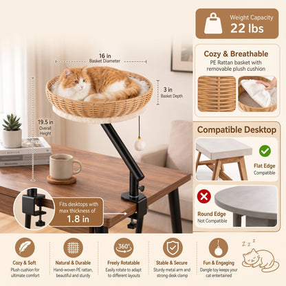 Rotating Clamp Cat Desk Perch – 360-Degree Swivel Elevated Table Hammock with Hanging Dangle Toy for Indoor Cats