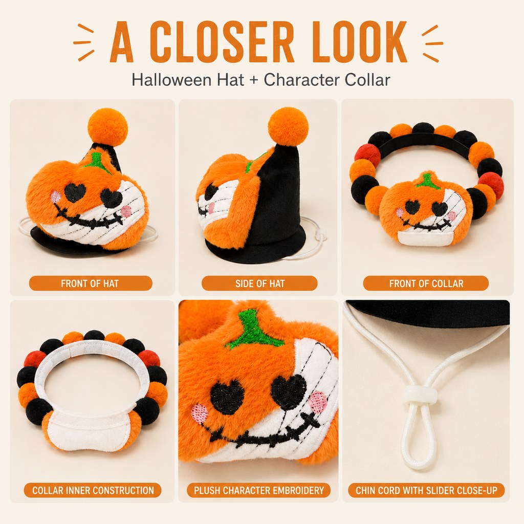 Festive Halloween Pet Costume Set – Cute Pom-Pom Collar And Hat For Cats And Dogs