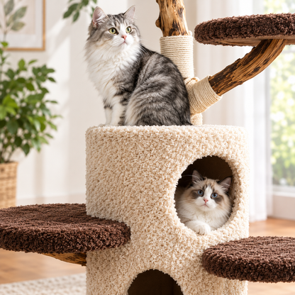 Multi-Level Condo Cat Tree – Climbing Tower with Scratching Ramp Hammock and Lounging Perch