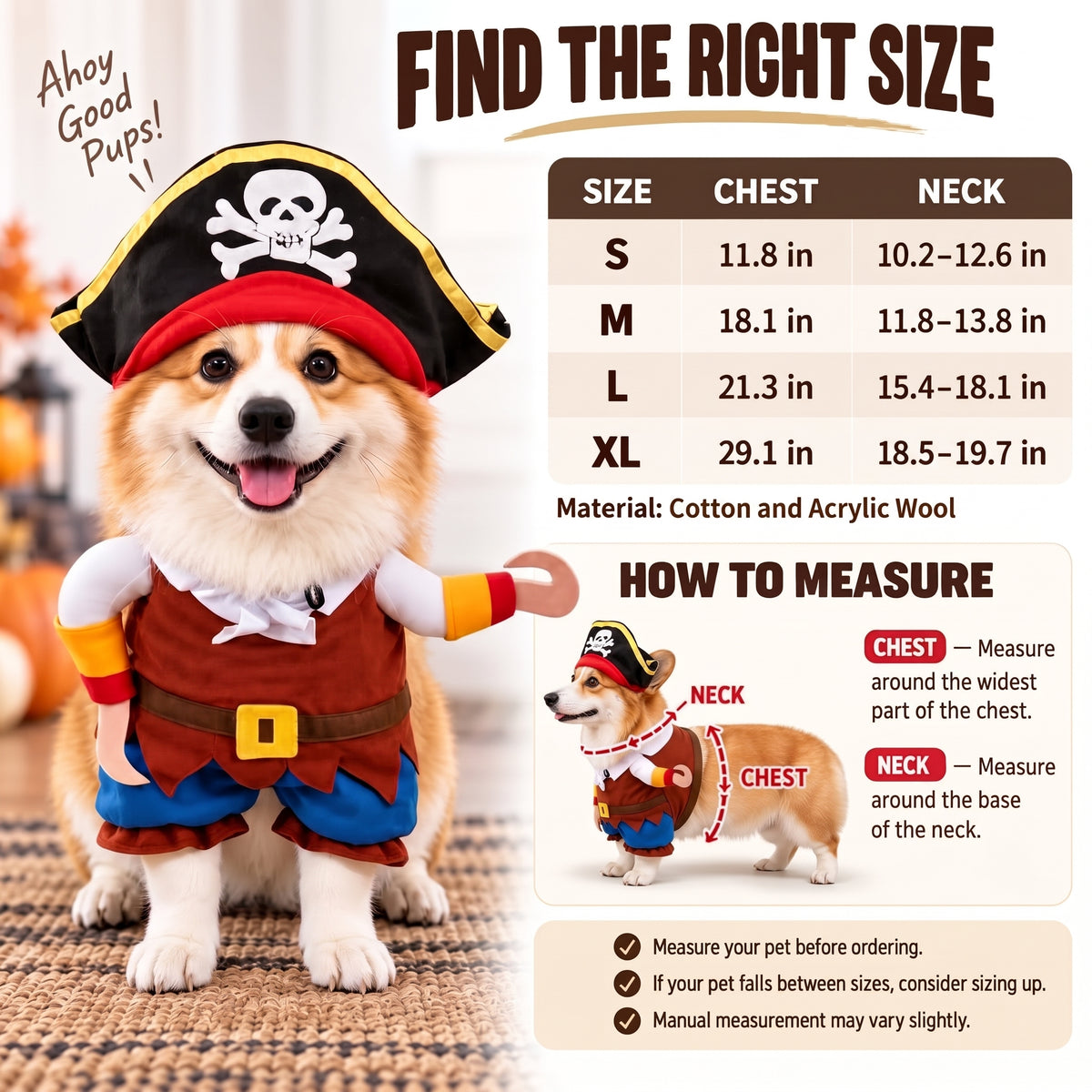 Funny Pirate Dog Costume – Halloween Party Outfit with Skull Hat and Hook Arms