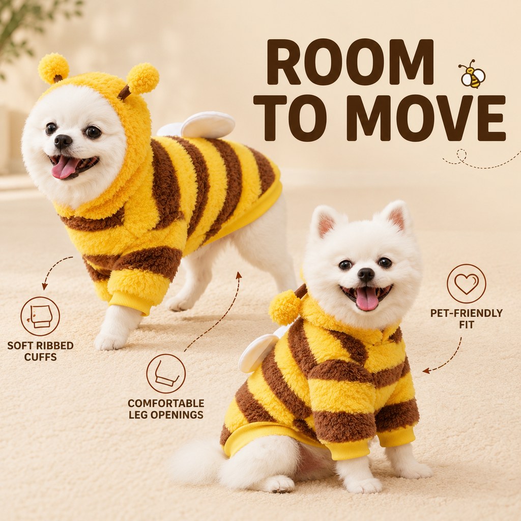 Cute Striped Dog Hoodie – Warm Bumblebee Pet Costume Pullover with Wings and Antennae