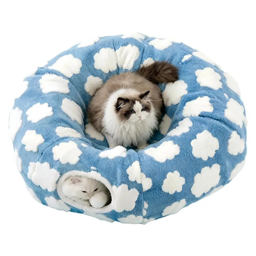 Interactive 2-in-1 Cat Tunnel Bed – Convertible Round Donut Cave with Hanging Toy Ball for Indoor Cats & Kittens