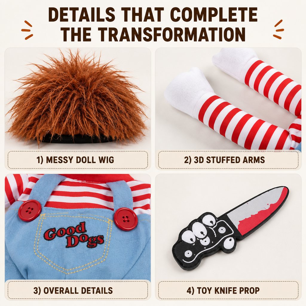 Scary Doll Dog Costume – Walking Illusion Pet Outfit with Wig & Prop Toy Knife for Halloween Trick-or-Treating