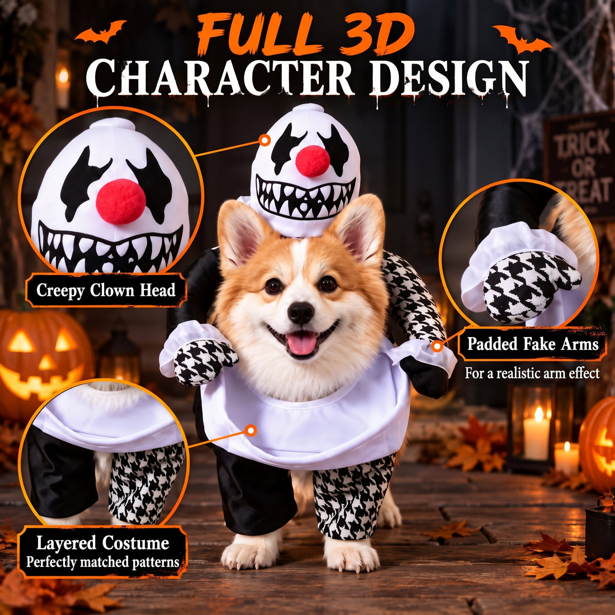 Spooky Clown Dog Costume – Walking Halloween Outfit with Fake Arms and Jester Headpiece for Trick-or-Treating
