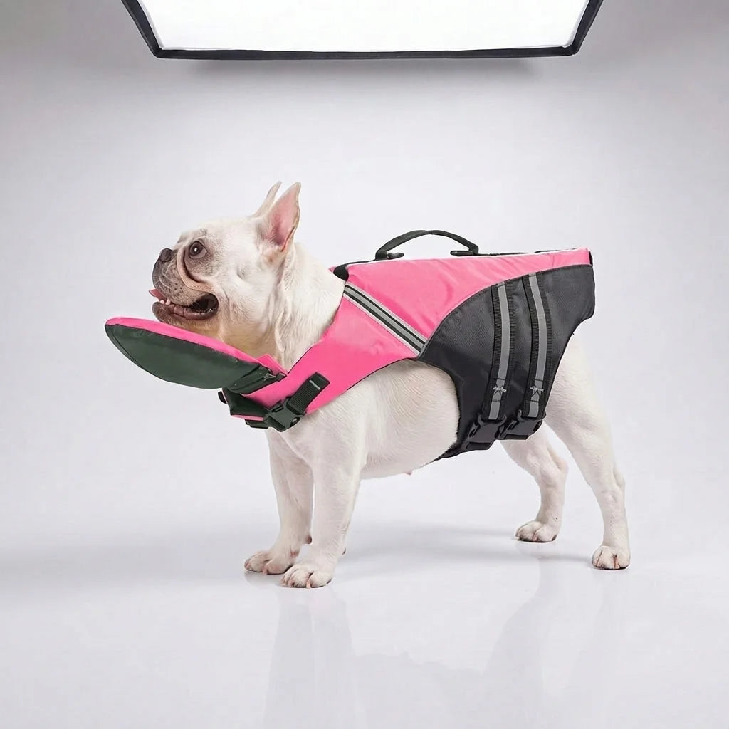 Buoyant Chin-Rest Dog Life Jacket – High-Visibility Swim Vest with Rescue Grab Handle and Reflective Safety Accents