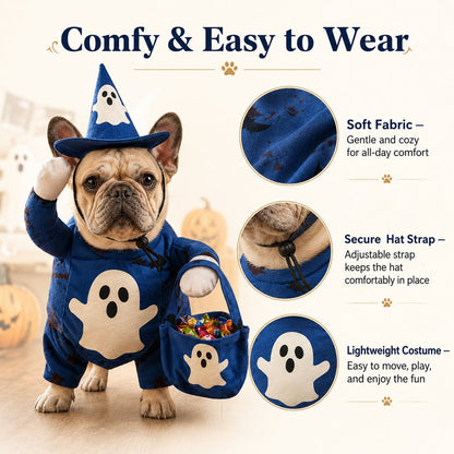 Glow Ghost Pet Costume – Luminous Trick-or-Treat Cosplay Apparel with Hat and Treat Bucket