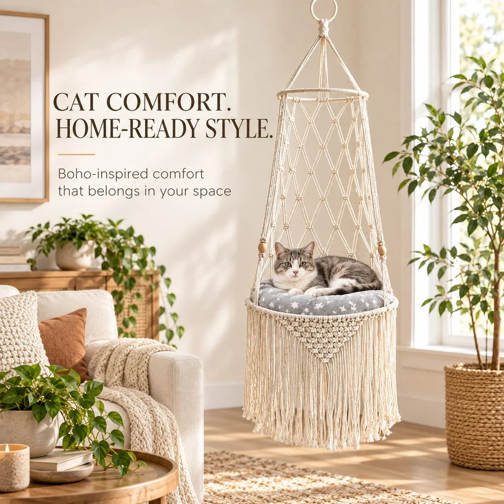 Cozy Hanging Cat Bed – Elevated Indoor Hammock Perch with Star-Pattern Cushion