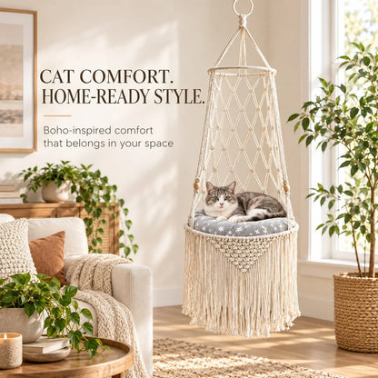 Cozy Hanging Cat Bed – Elevated Indoor Hammock Perch with Star-Pattern Cushion