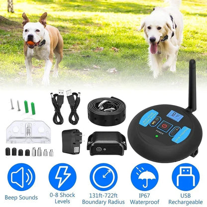 Wireless Boundary Pet Fence System – Rechargeable Waterproof Collar Receiver with Adjustable Static Correction for Outdoor Dog Training