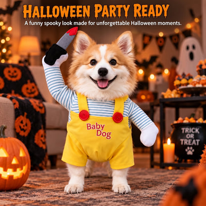 Spooky Doll Pet Halloween Costume – Funny Walking Illusion Outfit with Faux Knife for Parties and Photos